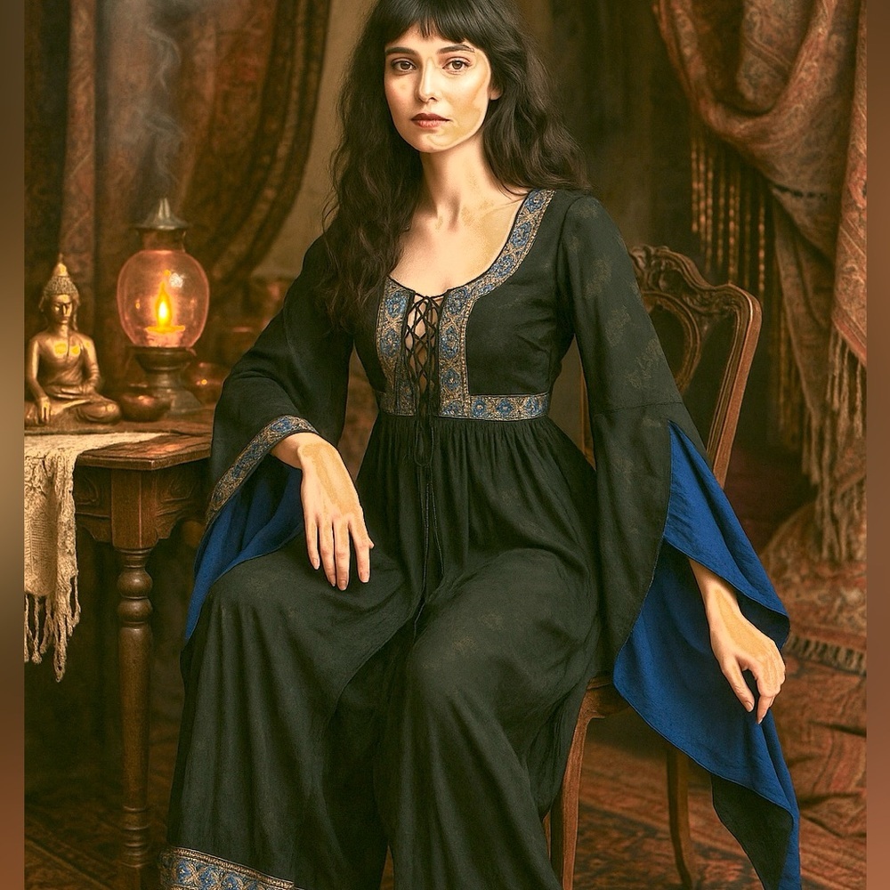 Victorian,Gothic Weighted Kaftan,Black & Blue,Exquisite Embroidery,Size Small - Picture 7 of 12